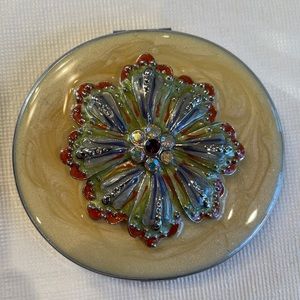 Saks gift Mirror Purse Compact enamel yellow orange rhinestone silver Flower